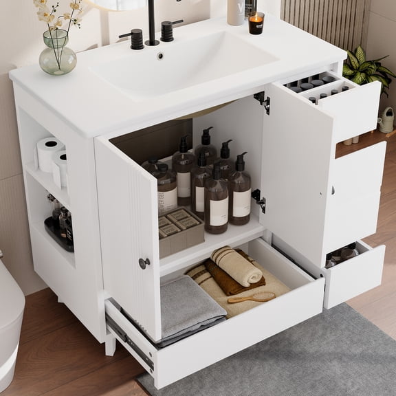 36" Bathroom Vanity with Sink, Free Standing Single Vanity Set with 4 Drawers and Side Storage Rack, Wood Cabinet with Ceramic Basin for Bathroom, White