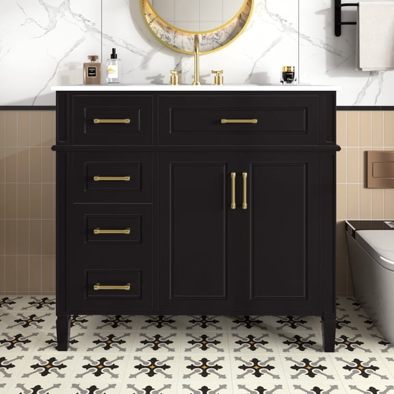 36" Bathroom Vanity with Sink, Freestanding Bathroom Storage Cabinet with 4 Drawers and 2 Soft-Closing Doors, Undermount Rectangular Ceramic Sink, Easy Assembly, Black