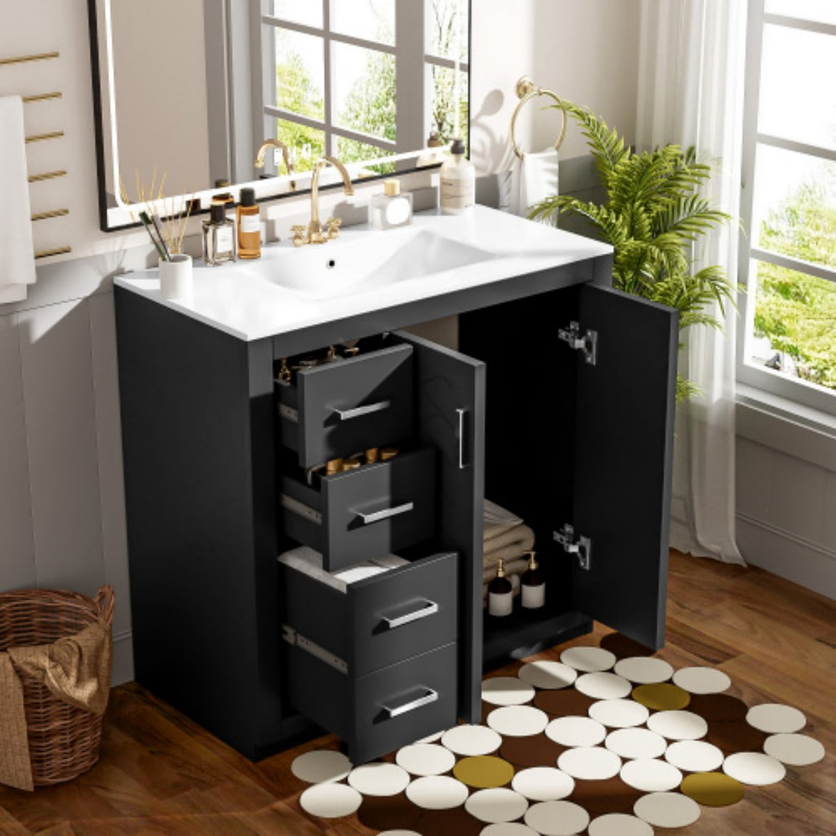 36" Bathroom Vanity with Sink, Freestanding Bathroom Vanity Cabinet with Ceramic Sink, Solid Wood Frame, 3 Drawers & Soft Close Doors, Modern Storage Cabinet, Black