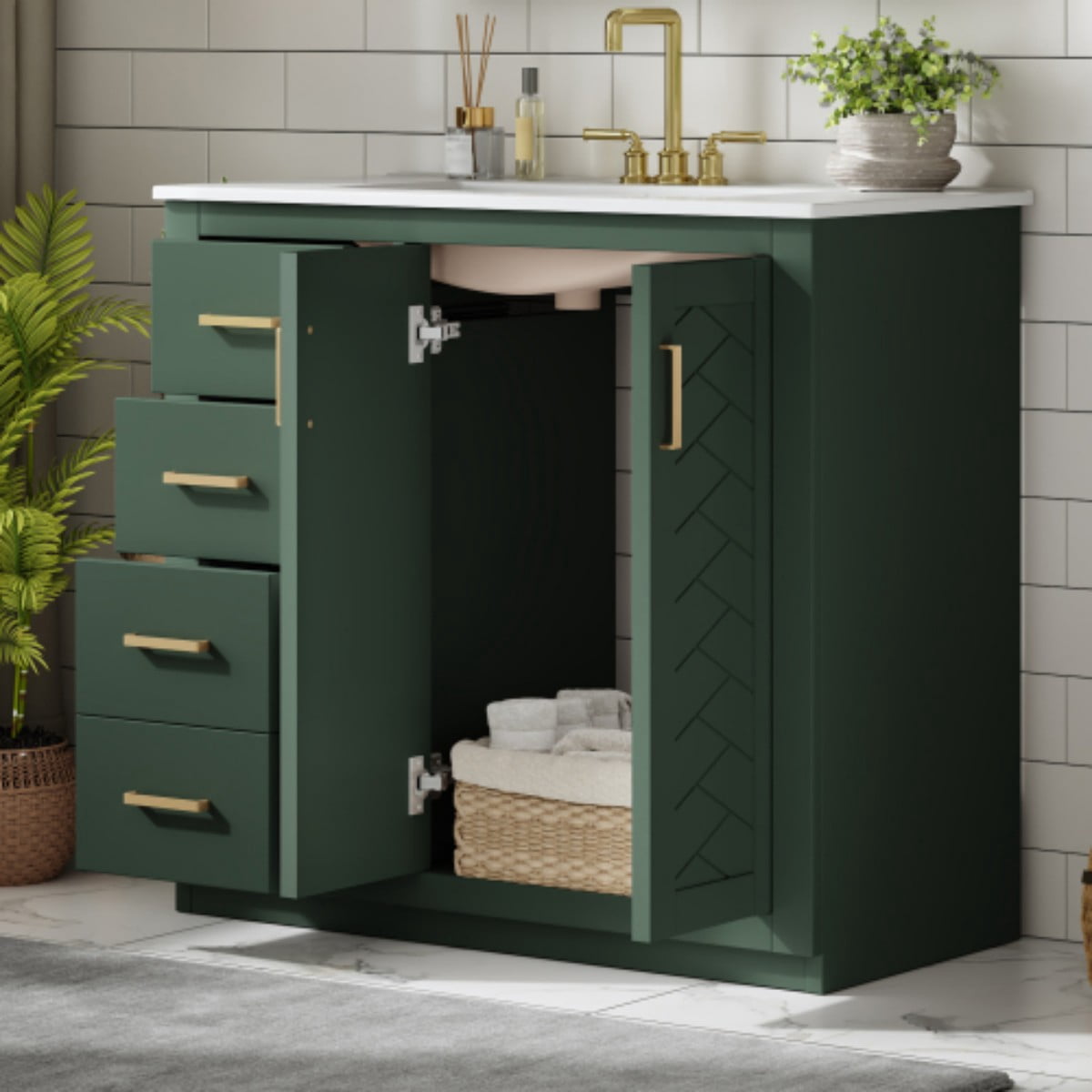 36" Bathroom Vanity with Sink, Freestanding Bathroom Vanity Cabinet with Ceramic Sink, Solid Wood Frame, 3 Drawers & Soft Close Doors, Modern Storage Cabinet, Green
