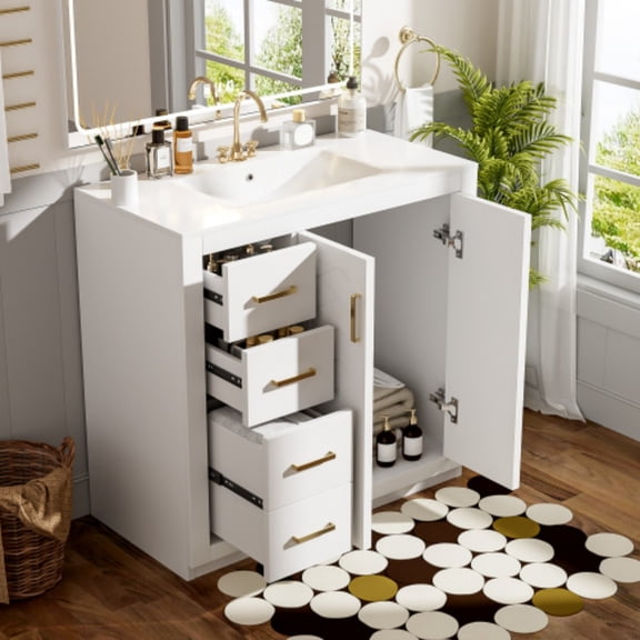 36" Bathroom Vanity with Sink, Freestanding Bathroom Vanity Cabinet with Ceramic Sink, Solid Wood Frame, 3 Drawers & Soft Close Doors, Modern Storage Cabinet, White
