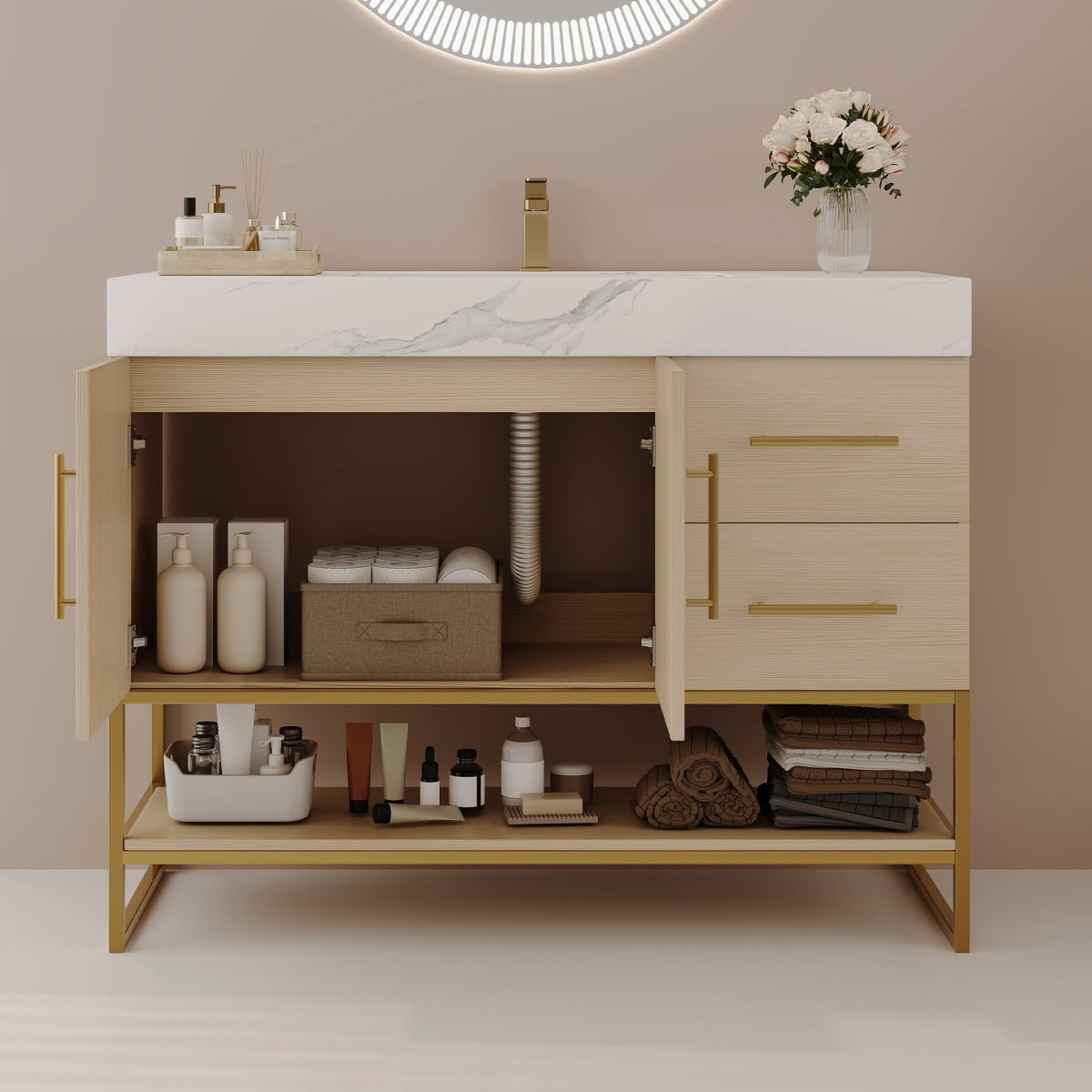 36" Bathroom Vanity with Sink, Freestanding Bathroom Vanity Cabinet with Sintered Stone Top, Seamless Ceramic Basin, Gold Stainless Steel Legs, Storage Drawers & Open Shelf, White &Wood