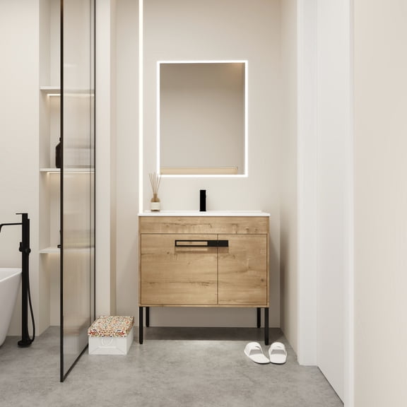 36" Bathroom Vanity With Sink. Freestanding Or Floating Option. Dual-purpose Function. Drawer. Ceramic Basin. Plywood Construction 36 Inch Sink . Hanging. Feature. Silent-closing Grade Body