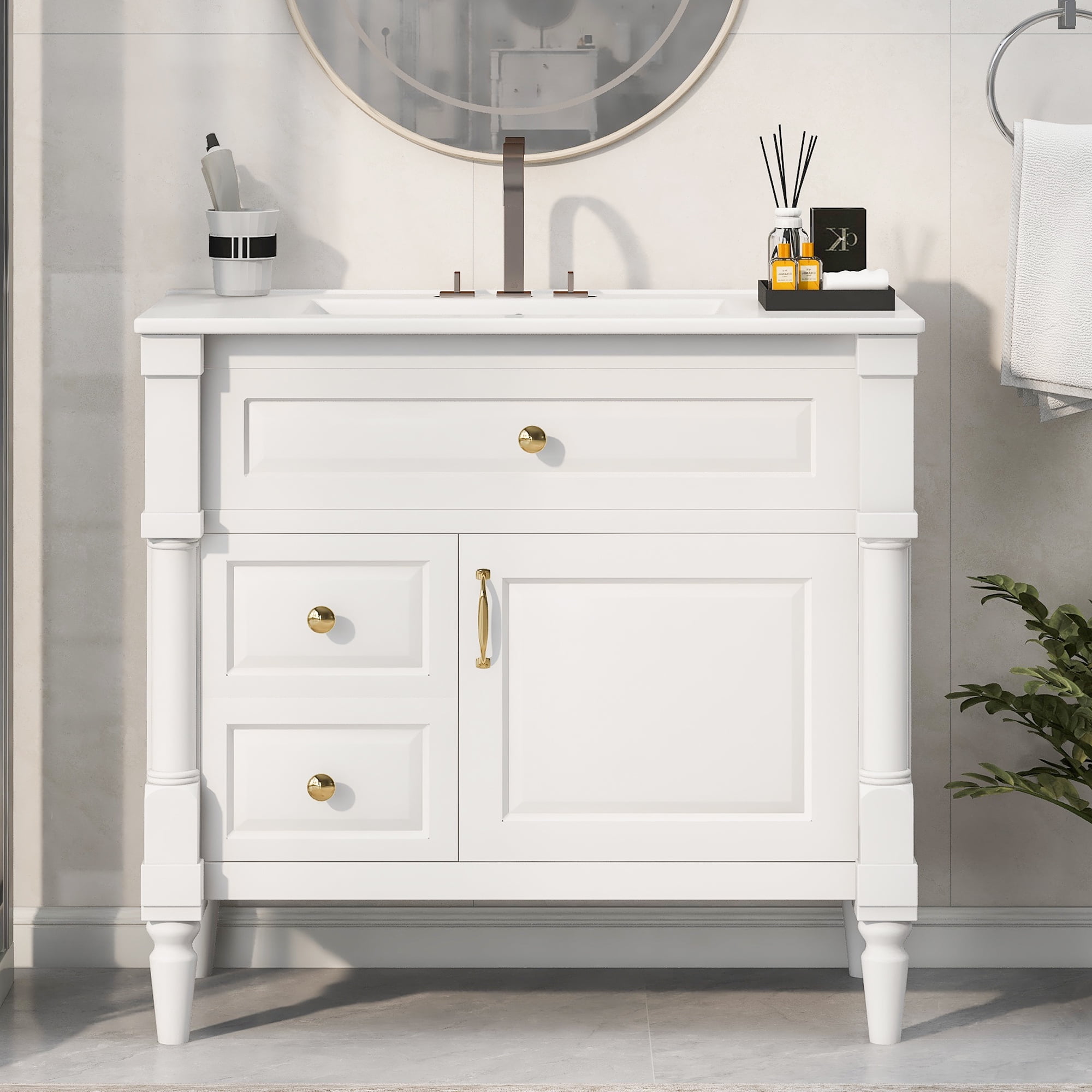 36" Bathroom Vanity with Sink, Freestanding Vanity with Ceramic Basin, Flip Drawer & Adjustable Shelf, White Bathroom Cabinet with Smart Storage, Rubberwood Frame
