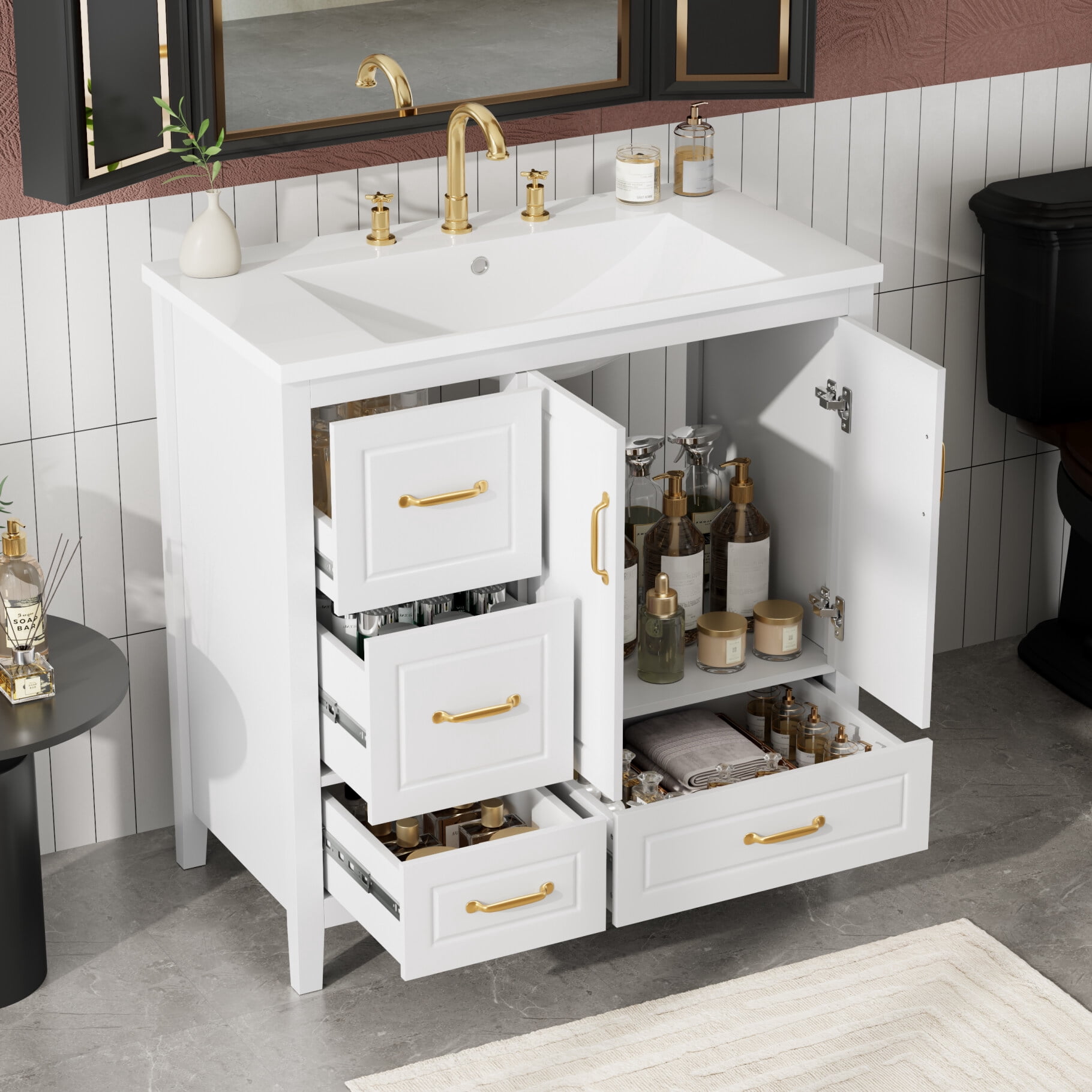 36" Bathroom Vanity with Sink, Modern Bathroom Storage Cabinet with 4 Drawers and 2 Soft-Closing Doors, Freestanding Solid Wood Bathroom Vanities, White