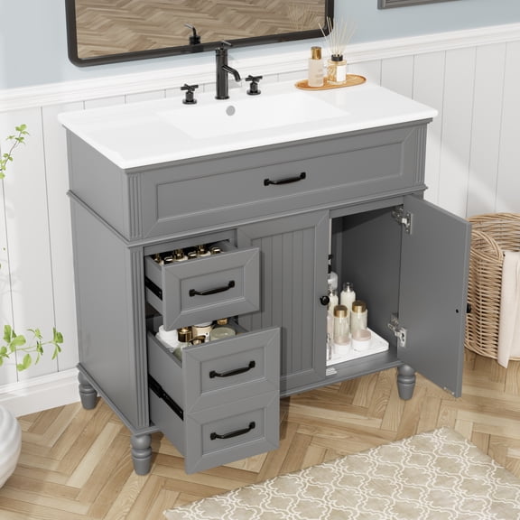 36" Bathroom Vanity with Sink, Modern Bathroom Vanity Cabinet with 2 Drawers and 2 Soft-Close Doors, Wooden Freestanding Storage Cabinet with Sink, Grey