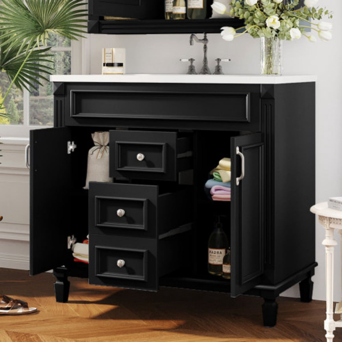 36" Bathroom Vanity with Sink, Modern Freestanding Bathroom Vanity Cabinet with Ceramic Basin, Solid Wood Frame, 2 Soft Close Doors, 2 Drawers, Adjustable Shelf, Black