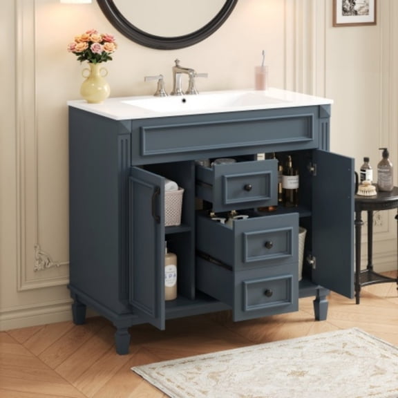 36" Bathroom Vanity with Sink, Modern Freestanding Bathroom Vanity Cabinet with Ceramic Basin, Solid Wood Frame, 2 Soft Close Doors, 2 Drawers, Adjustable Shelf, Blue