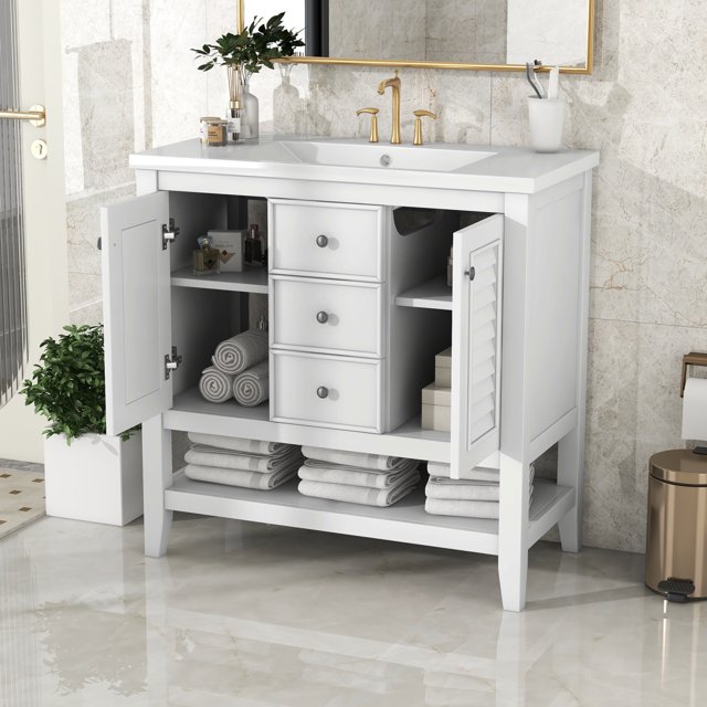"36"" White Bathroom Vanity with Undermount Ceramic Sink, 2 2