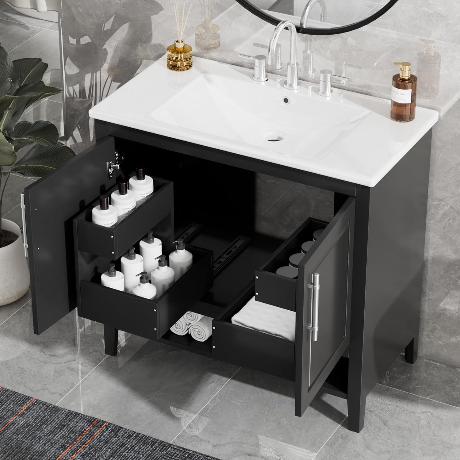 36" Bathroom Vanity with Sink Top, Modern Black Bathroom Vanities with ...