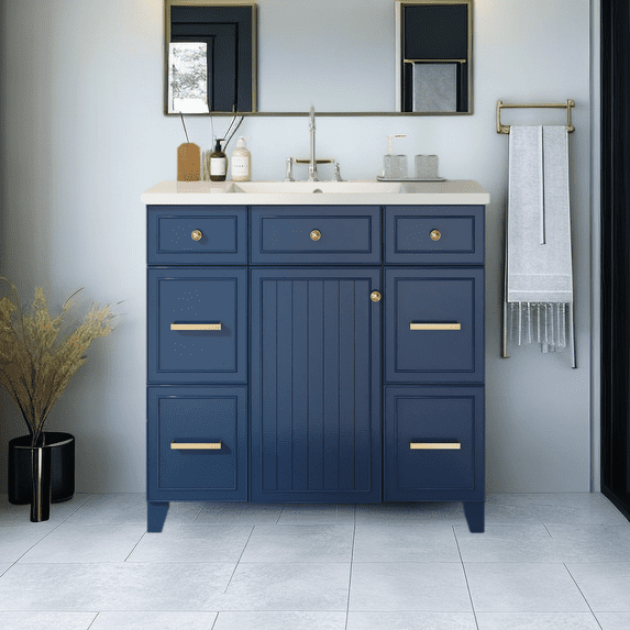36" Bathroom Vanity with Sink Top, Modern Bathroom Cabinet with Sink Combo Set, Solid Wood Storage Cabinet with Soft Closing Door and Drawers for Bathroom