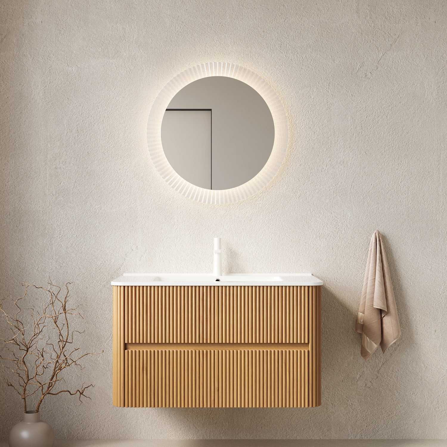 36" Bathroom Vanity with Sink, Wall-Mounted Floating Plywood Bathroom Storage Cabinet with 2 Drawers, White Ceramic Basin, No Faucet, Pre-assembled