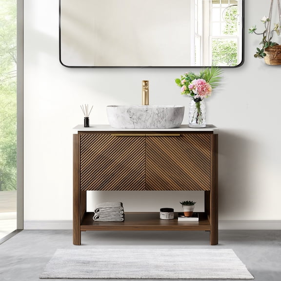 36" Bathroom Vanity with Sinks, Freestanding Plywood Bathroom Vanity - Sintered Stone Top, Marble Pattern Ceramic Basin Bathroom Sink, 2 Cabinet Doors & 1 Open Shelf - Dark Walnut Wood Grain Vanity