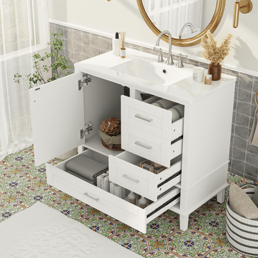 36" Bathroom Vanity with Solid Pine Frame & Ceramic Sink, Freestanding Bathroom Vanity with 1 Soft Close Door & 3 Drawers, Modern Bathroom Vanity with High Quality MDF Boards, White ﻿