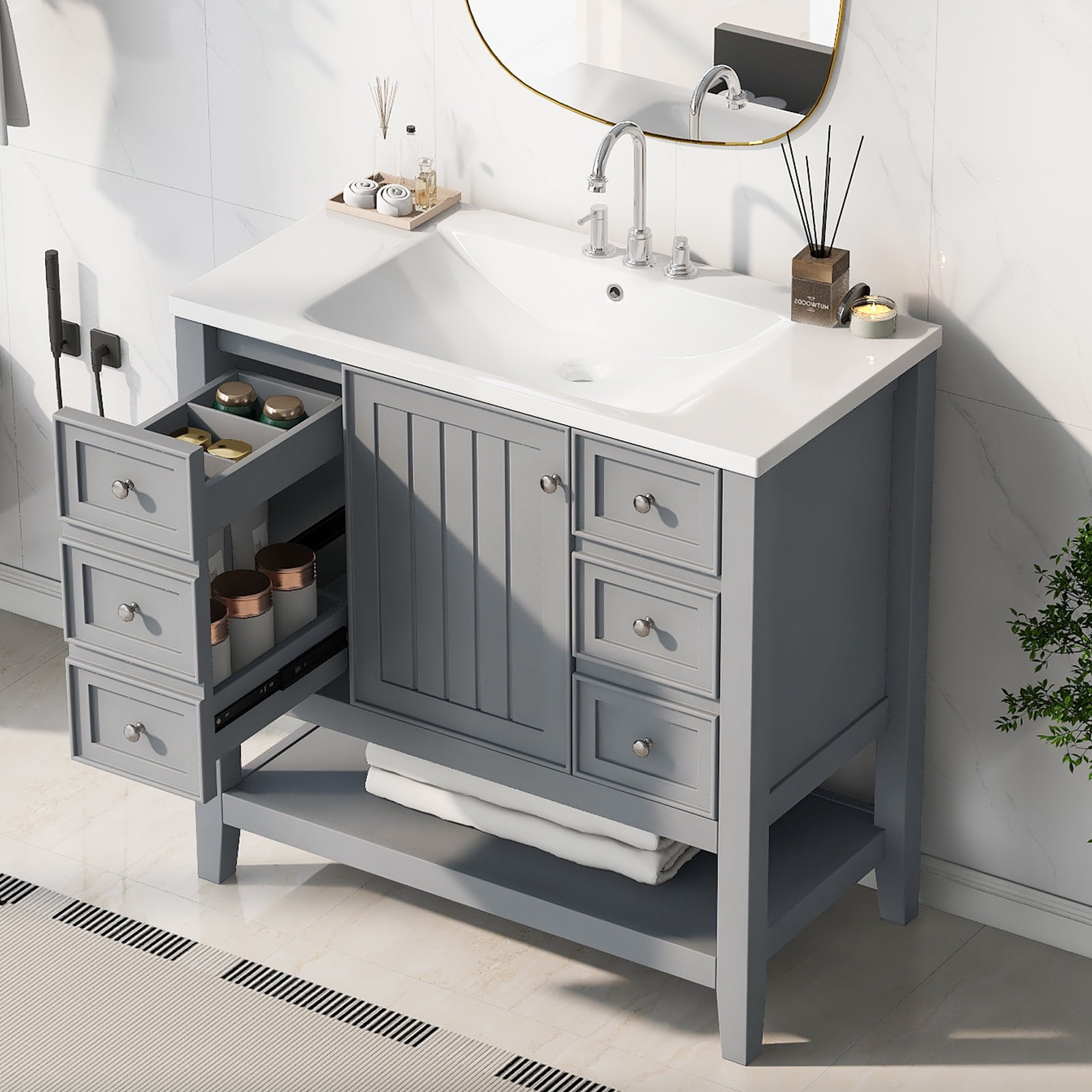 36'' Bathroom Vanity, Bathroom Storage Cabinet With Ceramic Sink, 3 ...