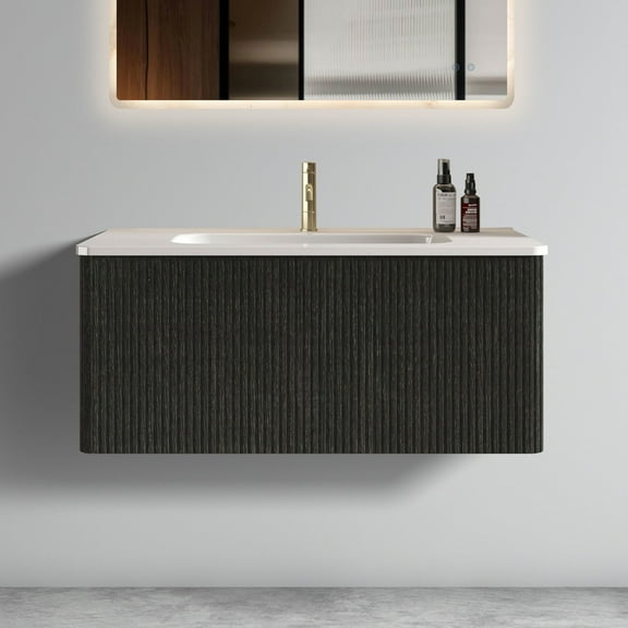36" Bathroom Vanity - Striped Brushed Black Oak Texture, White Ceramic Sink, Chic Upgrade Pre-assembled With Oak, -oriented Design