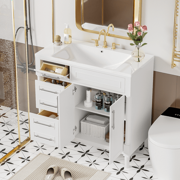 36'' Bathroom Vanity with Top Resin Sink, Freestanding Bathroom Storage Cabinet with 2 Drawers and a Tip-out Drawer, Solid Wood Frame Vanity Set, Height Adjustable Shelf