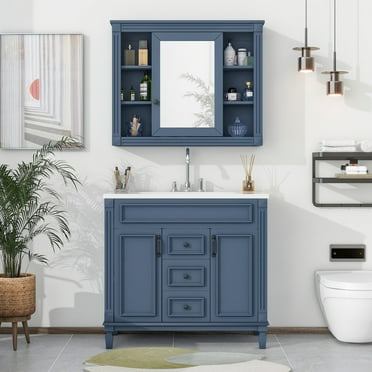 36'' Bathroom Vanity with Top Sink and High-Definition Mirror Cabinet, Modern Bathroom Storage Cabinet with 2 Soft Closing Doors and 2 Drawers, Single Sink Bathroom Vanity with Thickened Wood, Blue