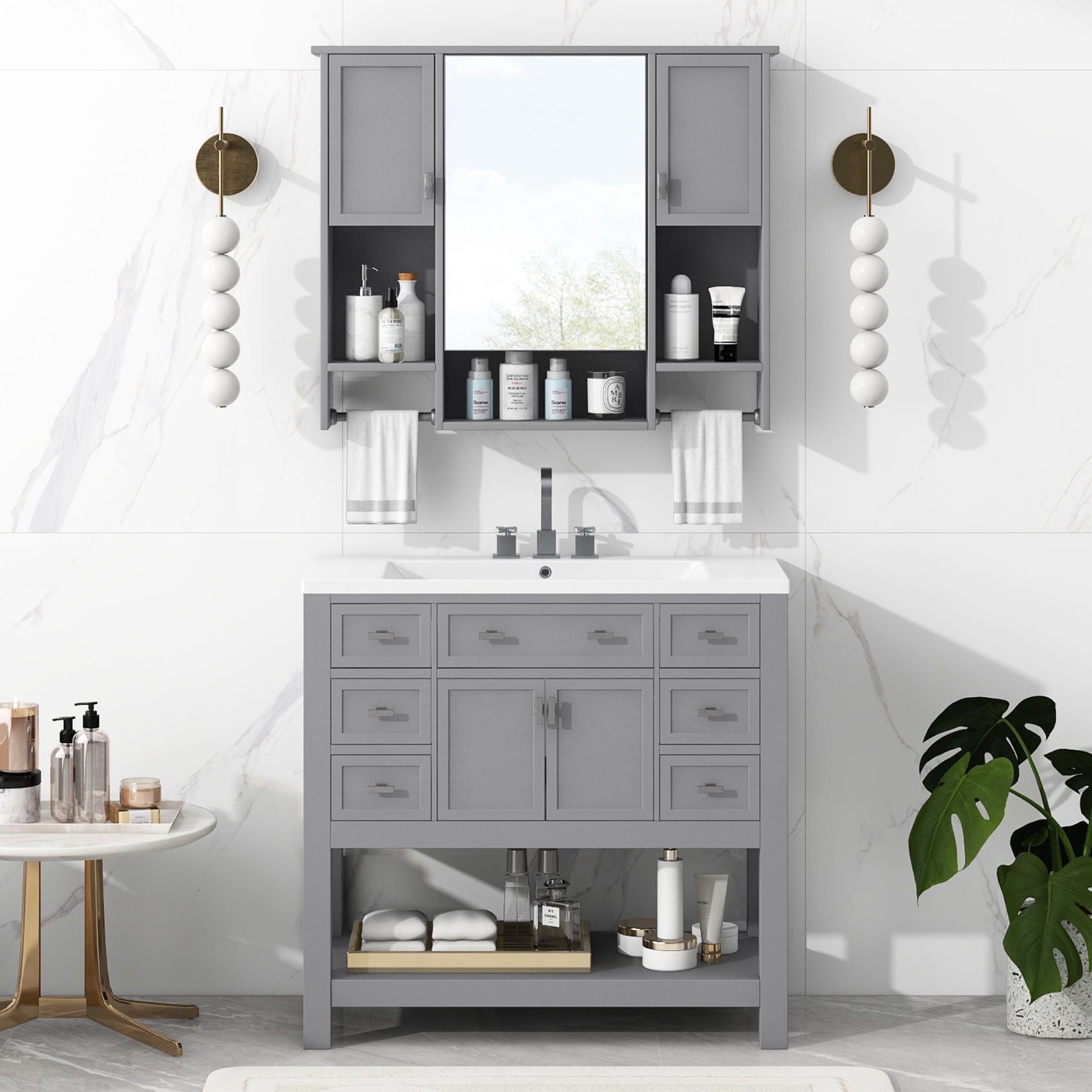 36'' Bathroom Vanity with Top Sink, Modern Mirror Cabinet with Towels ...