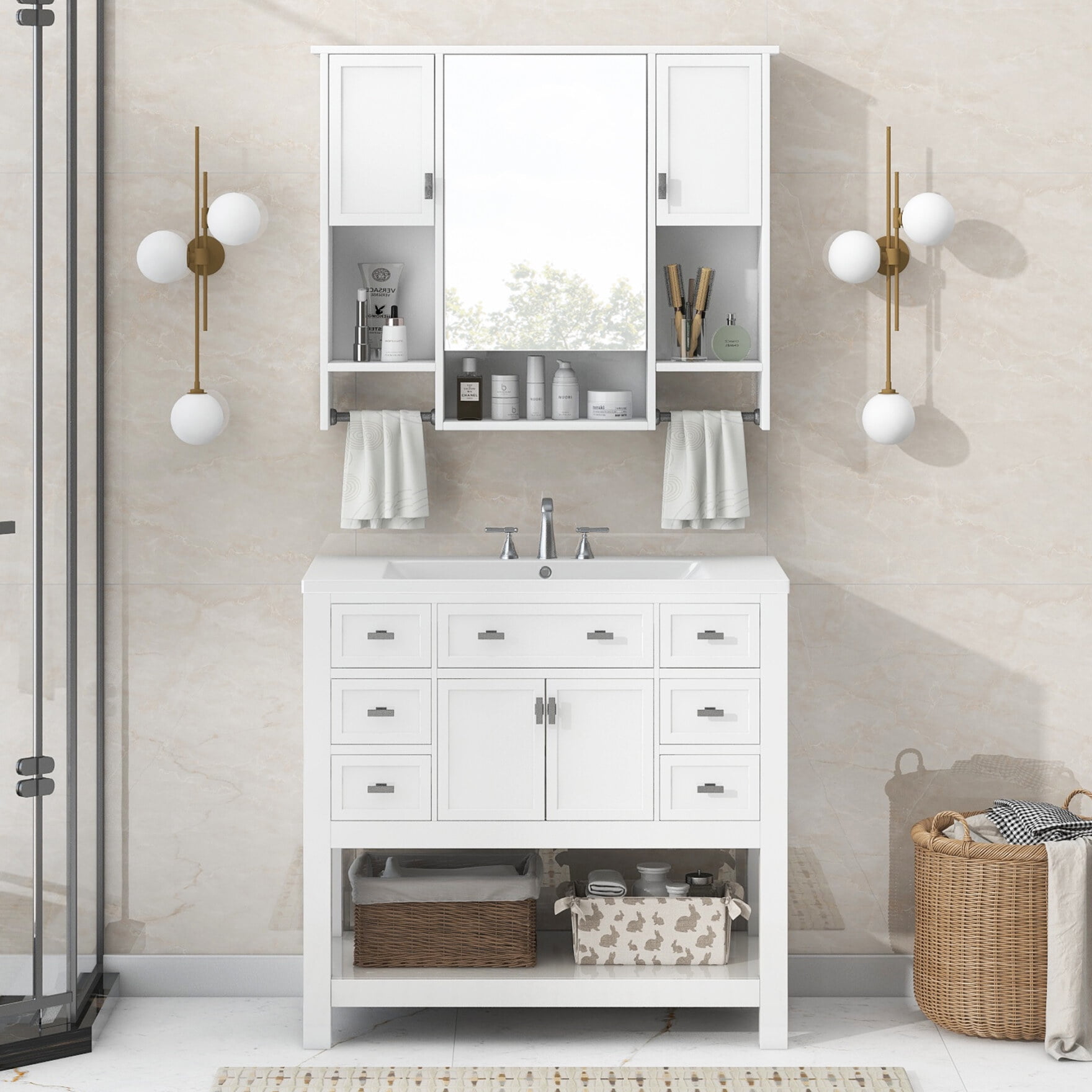 36'' Bathroom Vanity with Top Sink, Modern Mirror Cabinet with Towels ...