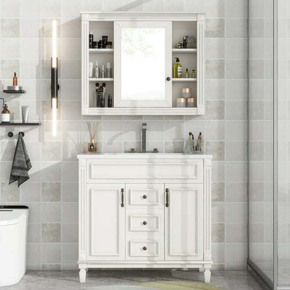 36'' Bathroom Vanity with Top Sink, White Mirror Cabinet, Modern Bathroom Storage Cabinet with 2 Soft Closing Doors and 2 Drawers, Single Sink Bathroom Vanity