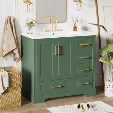 36'' Bathroom Vanity, Bathroom Vanity with Sink, Bathroom Sink Vanity Cabinet with 2 Doors and 5 Drawers, Modern Bathroom Storage Cabinet Large Storage, Green