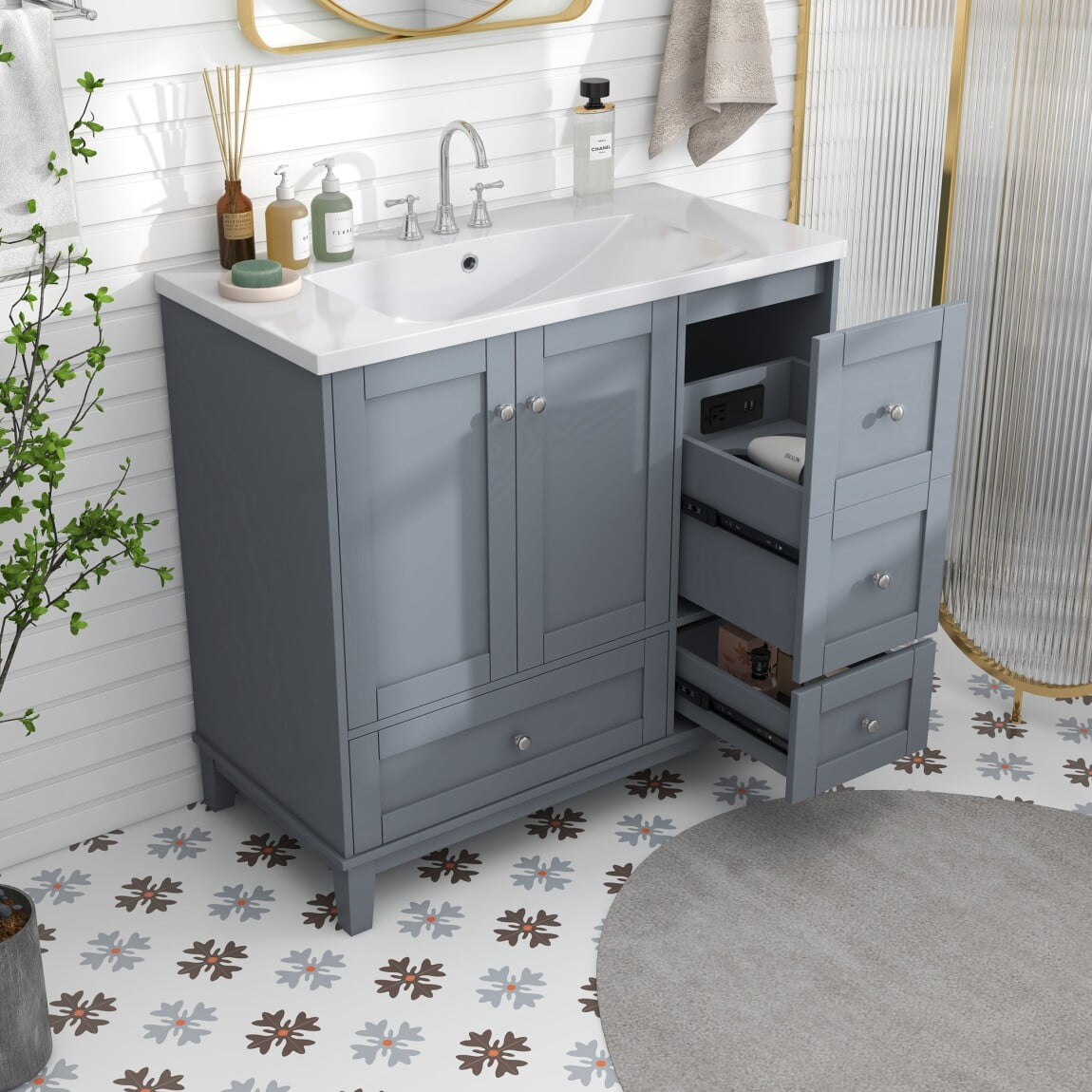 36" Bathroom Vanity, Bathroom Vanity with USB Charging, 2 Doors and 3 ...