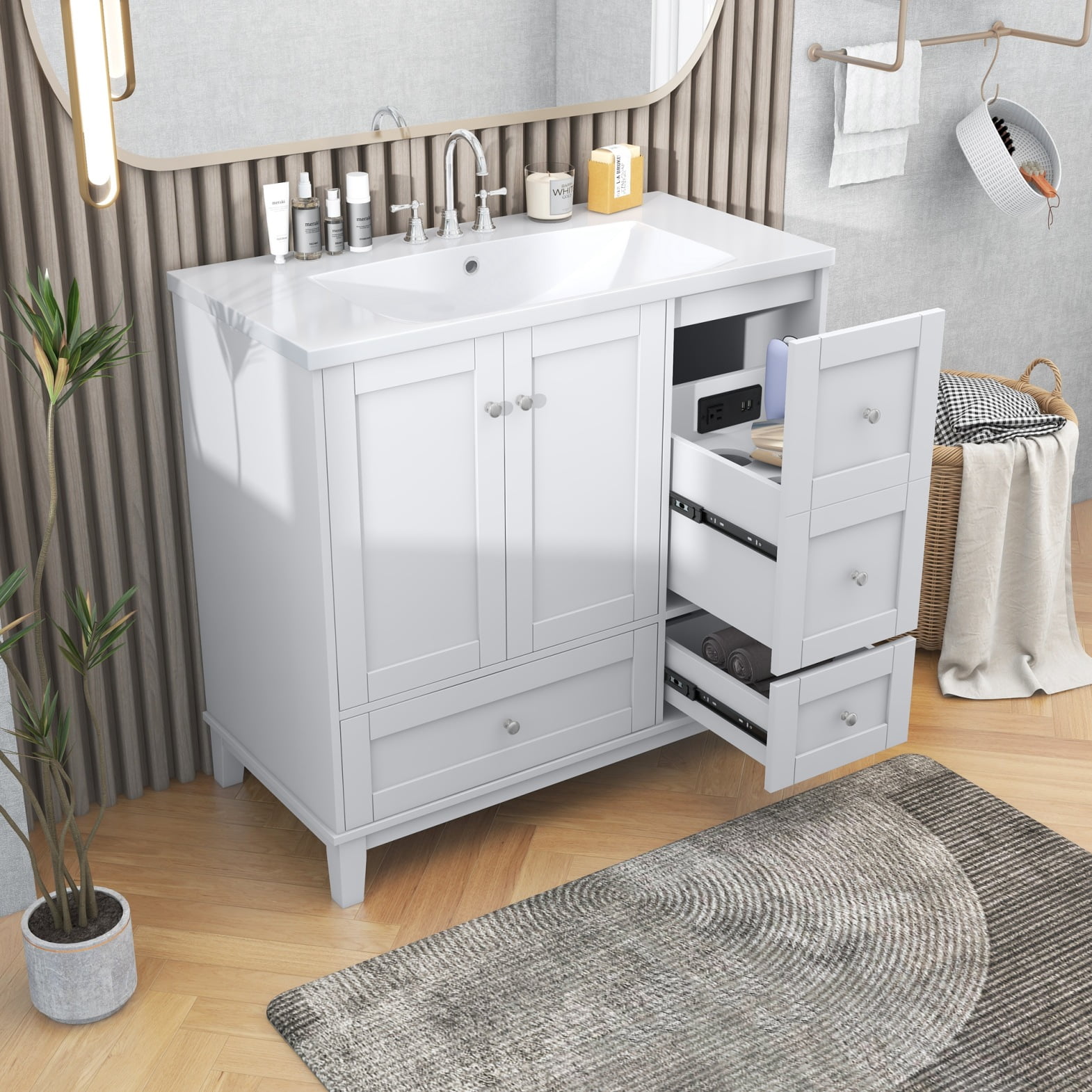 36" Wood Base Bathroom Vanity with USB Charging, Dimensions: 36"W*18"D ...