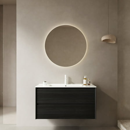 36" Bathroom Vanity, White Ceramic - Curved Corner Design - Bathroom Safety - Streamlined Look