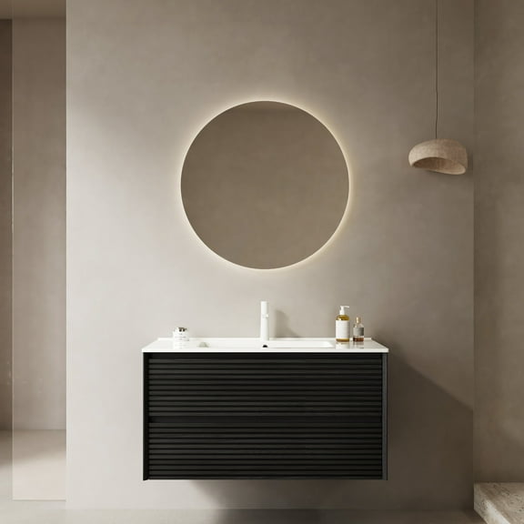 36" Bathroom Vanity, White Ceramic - Curved Corner Design - Bathroom Safety - Streamlined Look