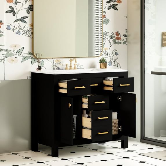 36" Bathroom Vanity With Ceramic Basin, Modern Cabinet 4 Drawers & 2 Doors, Solid Wood, Black Appearance Sink, Wood Construction,