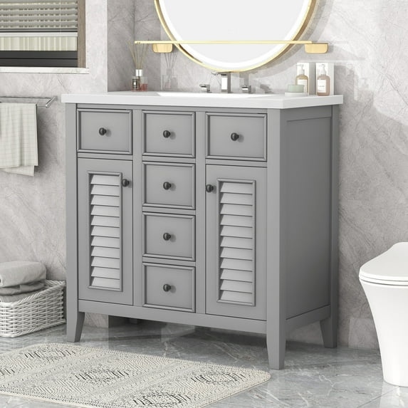 36" Bathroom Vanity With Ceramic Basin, Two Cabinets And Five Drawers, Solid Wood Frame, Grey