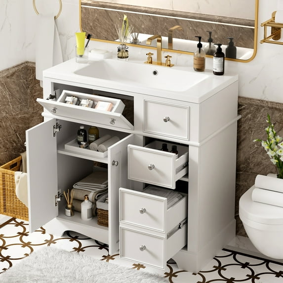 36'' Bathroom Vanity With Resin Basin - Solid Wood & 3 Drawers Practical Space Modern Candle White Sink Build Shelving Splendor