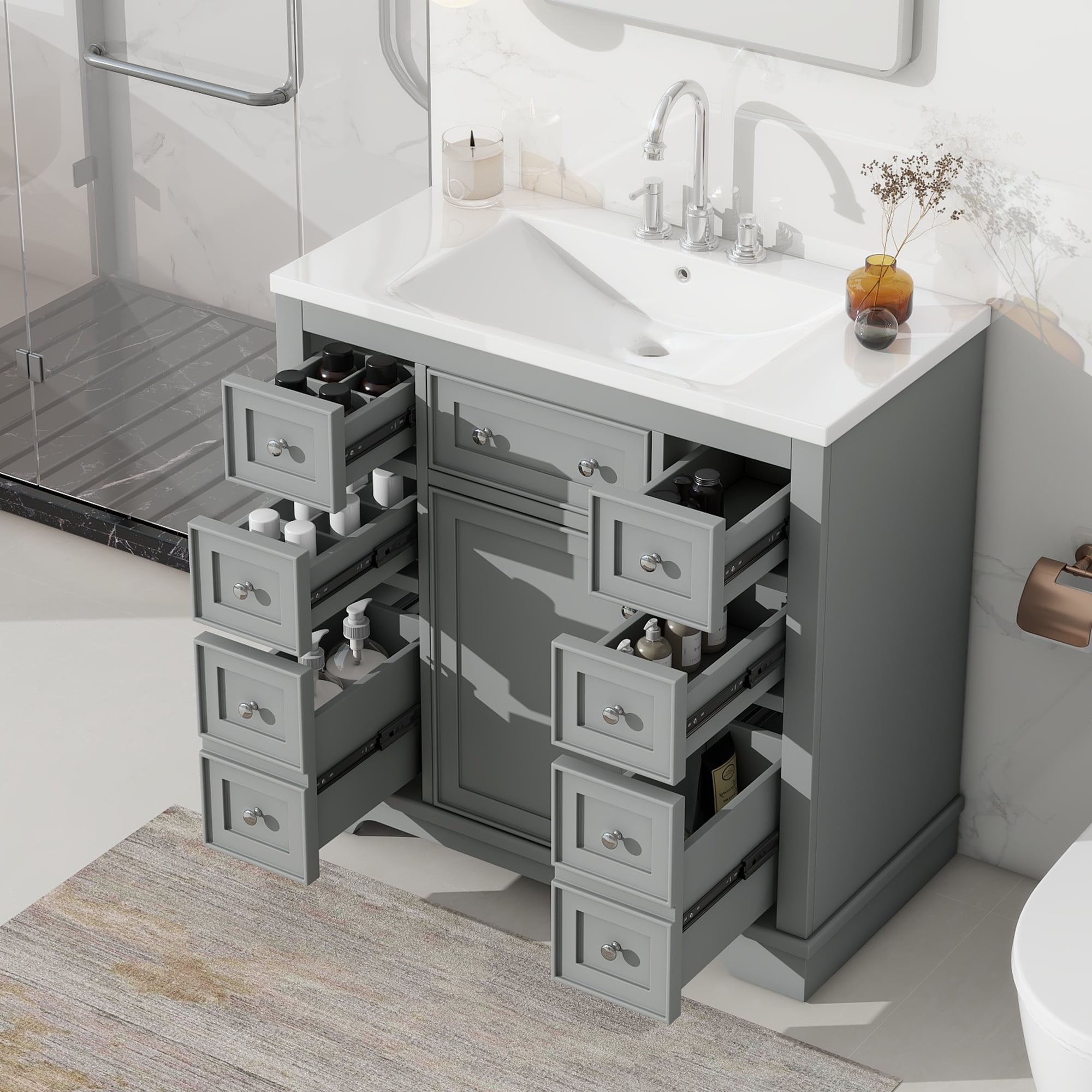 36" Bathroom Vanity with Sink Combo, One Cabinet and Six Drawers, Solid ...