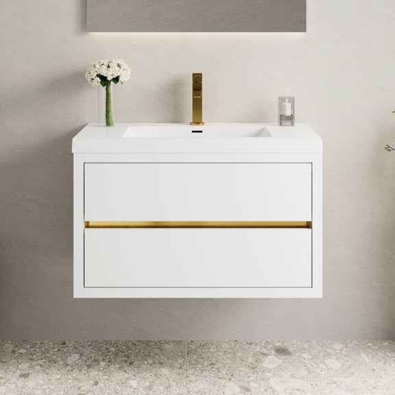 36" Bathroom Vanity With Stone Resin Countertop And Sink, Glossy White Floating Cabinet User- Soft Close Function Storage Vanity, Counter, , Surface