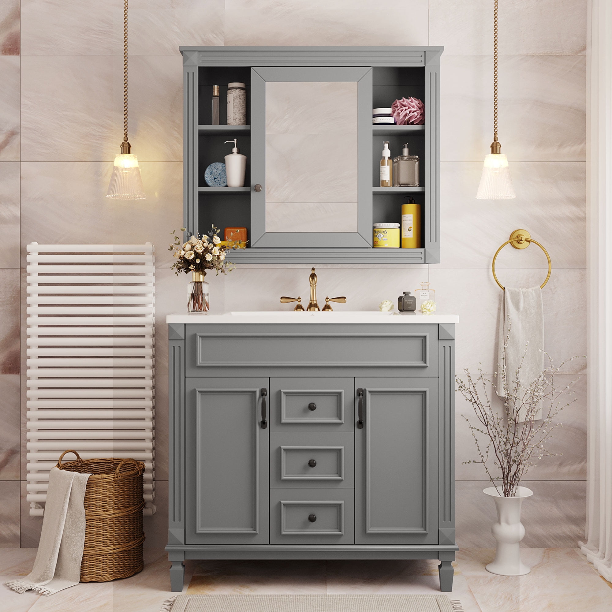 36'' Bathroom Vanity With Top Sink, Grey Mirror Cabinet, Modern Bathroom Storage Cabinet With 2 ...