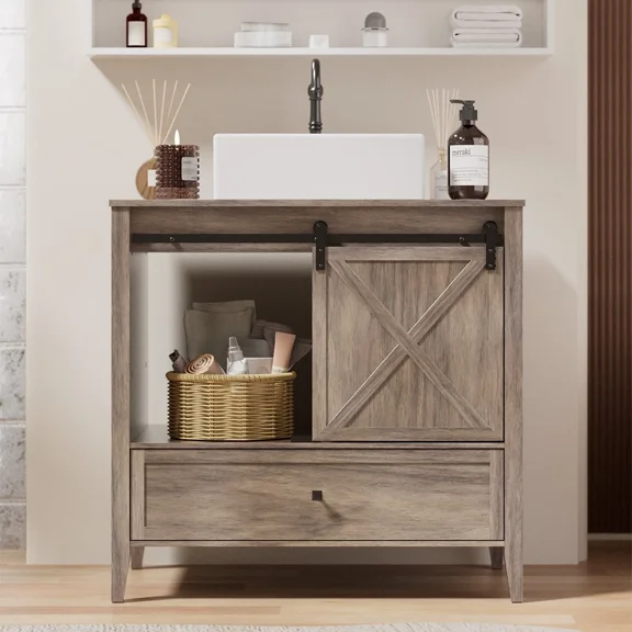 36" Bathroom Vanity w/ Sink, Ceramic Freestanding Cabinet Sliding Barn Door Wood, Space-Saving Storage Cabinet(Ship in 2 Boxes)