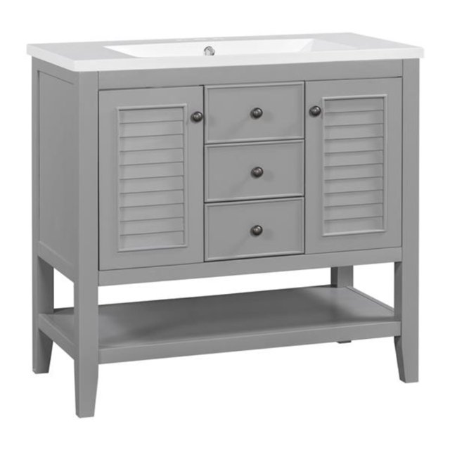 36” Bathroom Vanity with Ceramic Basin Two and Drawers Open