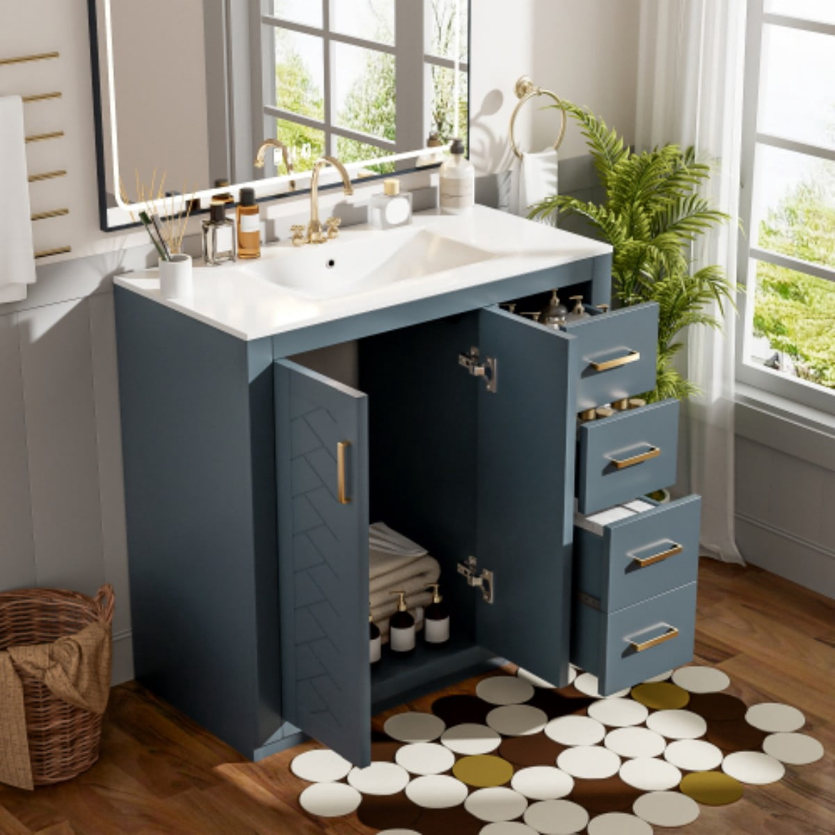 36" Bathroom Vanity with Ceramic Sink Combo, Freestanding Bathroom Vanity with 3 Drawers, 2 Doors, Solid Wood Frame, Blue