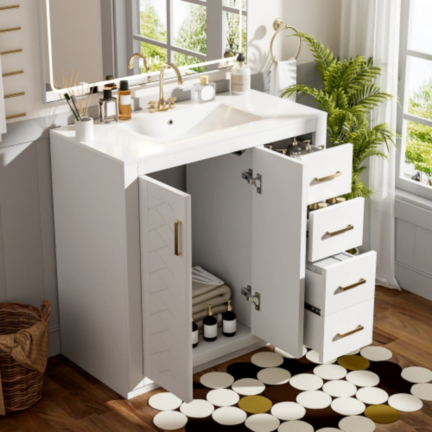 36" Bathroom Vanity with Ceramic Sink Combo, Freestanding Bathroom Vanity with 3 Drawers, 2 Doors, Solid Wood Frame, White