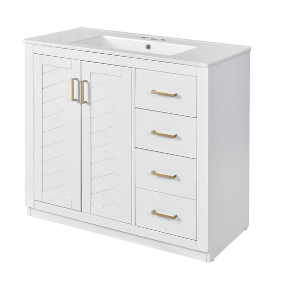 36'' Bathroom Vanity with Ceramic Sink Combo, Solid Wood Frame Bathroom Storage Cabinet, Freestanding Vanity Set with 3 Drawers& Soft Closing Doors