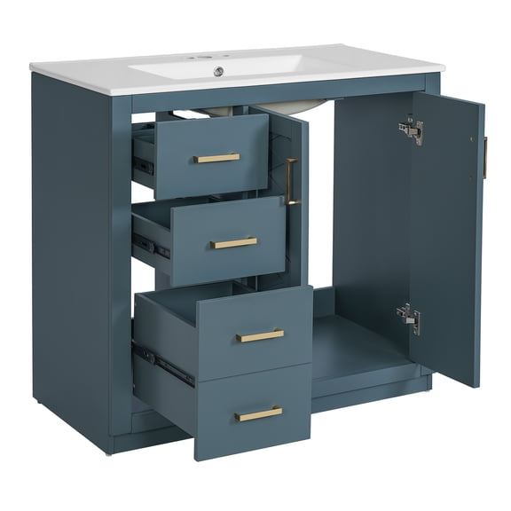 36'' Bathroom Vanity with Ceramic Sink Combo, Solid Wood Frame Bathroom Storage Cabinet, Freestanding Vanity Set with 3 Drawers& Soft Closing Doors