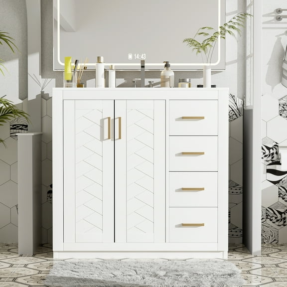 36'' Bathroom Vanity with Ceramic Sink Combo, Solid Wood Frame Bathroom Storage Cabinet, Freestanding Vanity Set with 3 Drawers& Soft Closing Doors