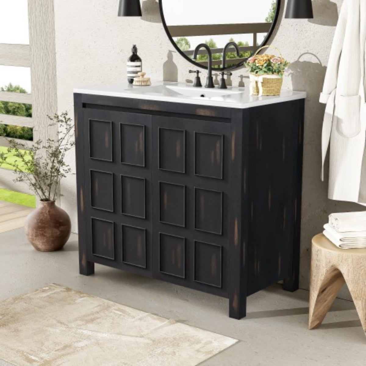 36" Bathroom Vanity with Ceramic Sink, Freestanding Bathroom Cabinet, Solid Wood Frame, Soft Close Doors, Vintage Espresso Storage Organizer