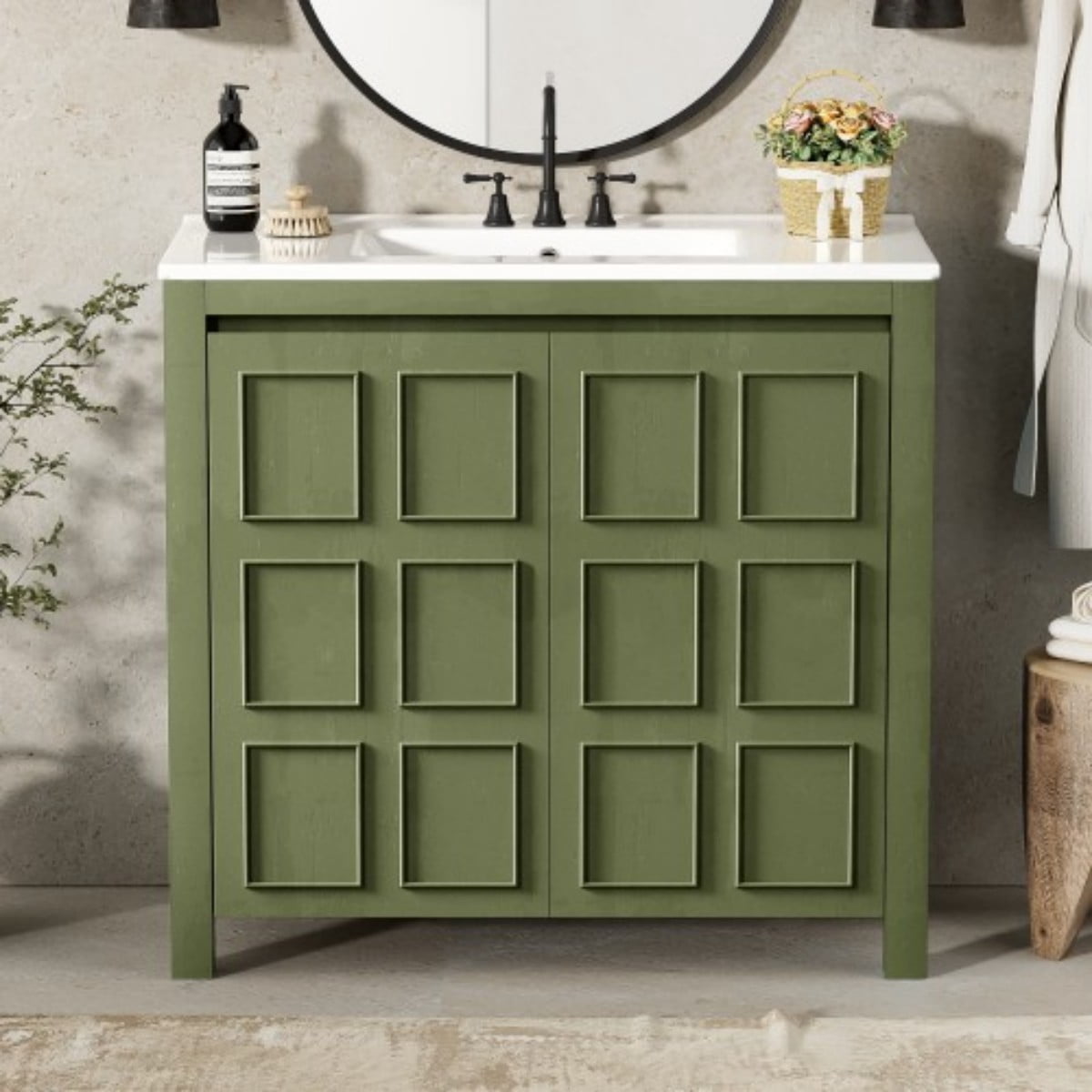 36" Bathroom Vanity with Ceramic Sink, Freestanding Bathroom Cabinet, Solid Wood Frame, Soft Close Doors, Vintage Olive Green Storage Organizer