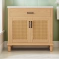 thumbnail image 1 of 36" Bathroom Vanity with Ceramic Sink, Rattan Bathroom Cabinet with Soft Close Doors & Drawers, Solid Wood Legs, Natural, 1 of 14