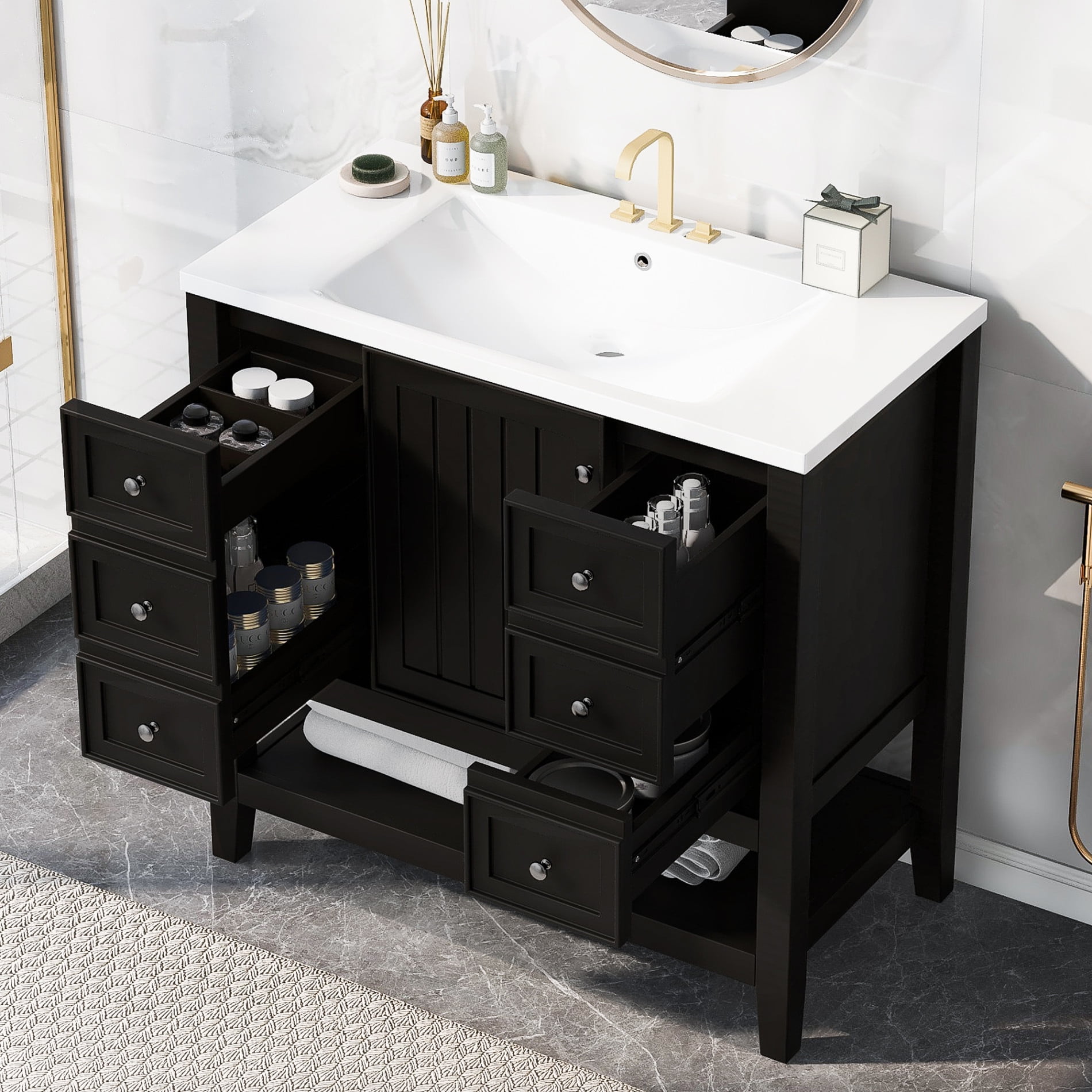 36" Bathroom Vanity with Ceramic Sink, Solid Wood Freestanding Storage ...