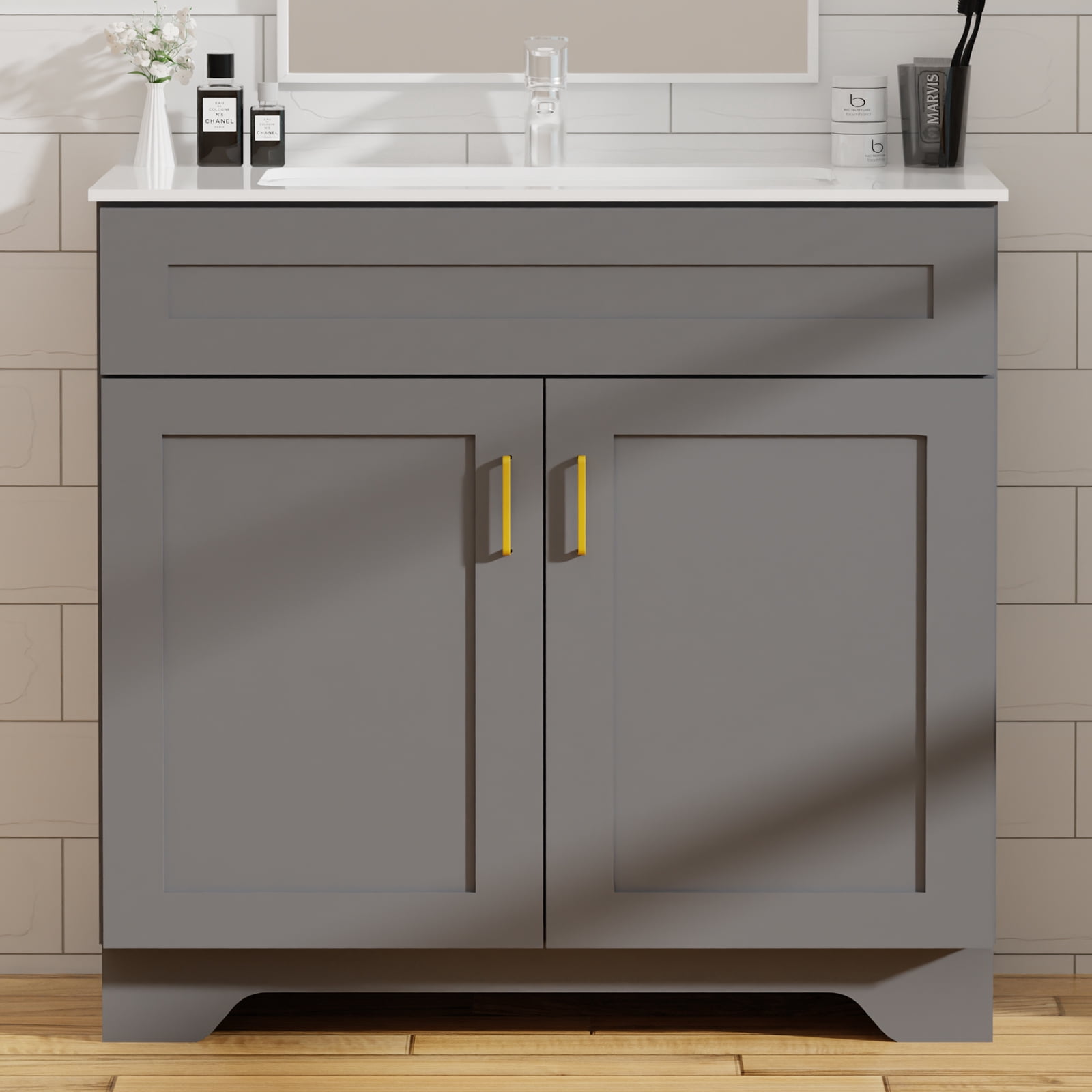KZElegy 36" Bathroom Vanity with Sink, Wooden Door Bathroom Storage Freestanding Bath Cabinet with Sink Gray