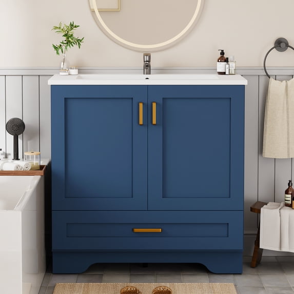 KZElegy 36" Freestanding Bathroom Vanity with Sink,Vanity Cabinet with 2-Door & 1-Drawer,Metal Handle,Blue