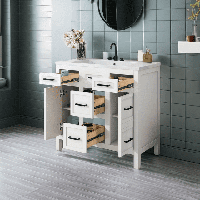 36" Bathroom Vanity with Resin Integrated Sink, Modern Freestanding ...